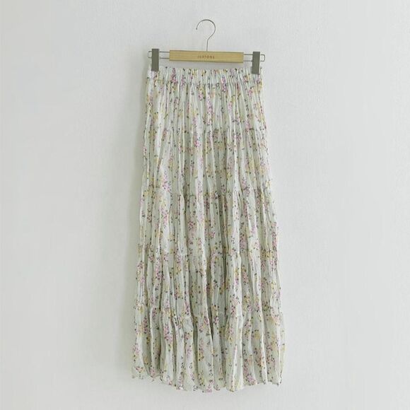 korean Dresses & Skirts - Pastel Mint Green Floral Tiered Midi Skirt